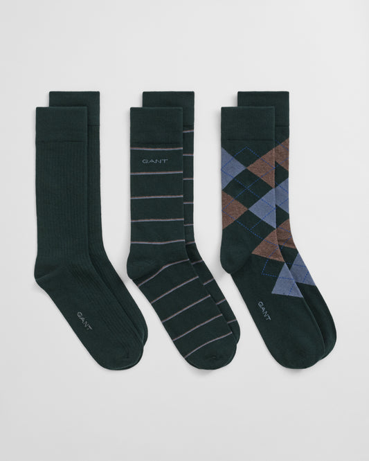 GANT Mens Argyle And Stripe 3-Pack Socks - 374 Tartan Green