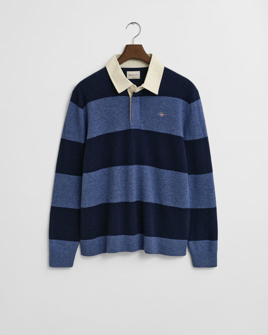 GANT Mens Extrafine Lambswool Striped Long Sleeve Polo - 410 Marine