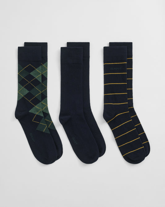 GANT Mens Argyle And Stripe 3-Pack Socks - 410 Marine