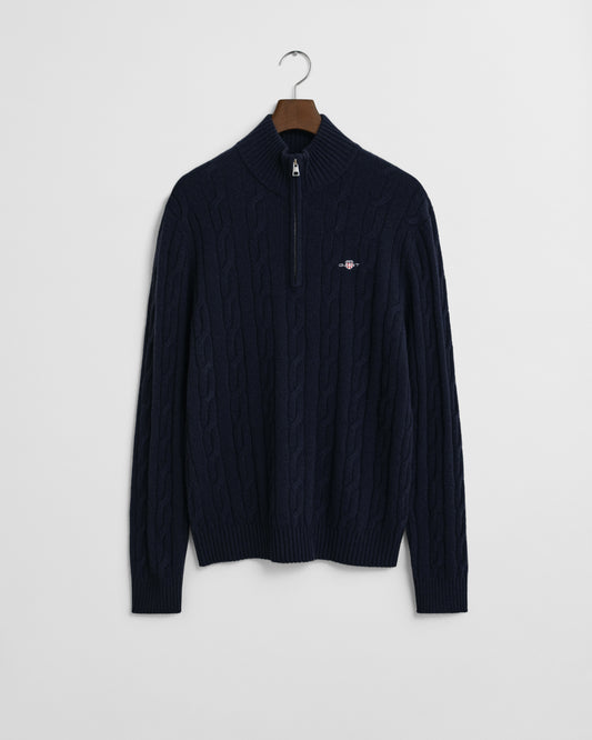 GANT Mens Lambswool Cable Knit Half Zip Jumper - 433 Evening Blue