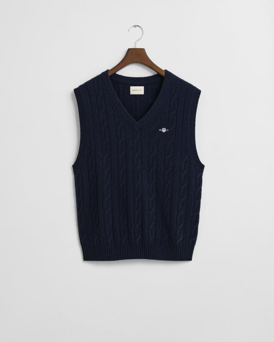 GANT Mens Lambswool Cable Knit Vest - 433 Evening Blue
