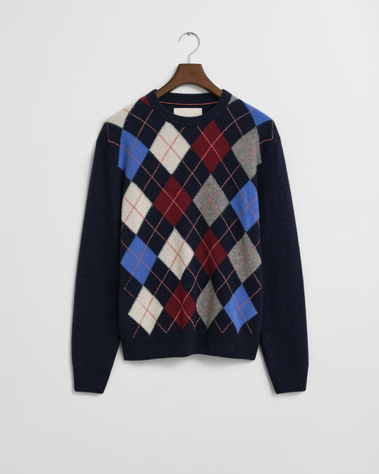 GANT Mens Argyle Crew Neck Jumper - 480 Dark Navy Melange