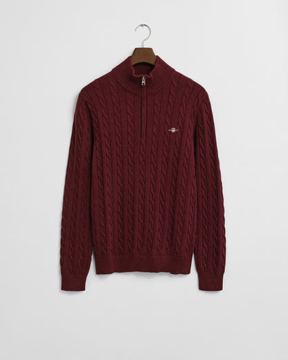 GANT Mens Cotton Cable Half Zip Jumper - 677 Bordeaux Melange
