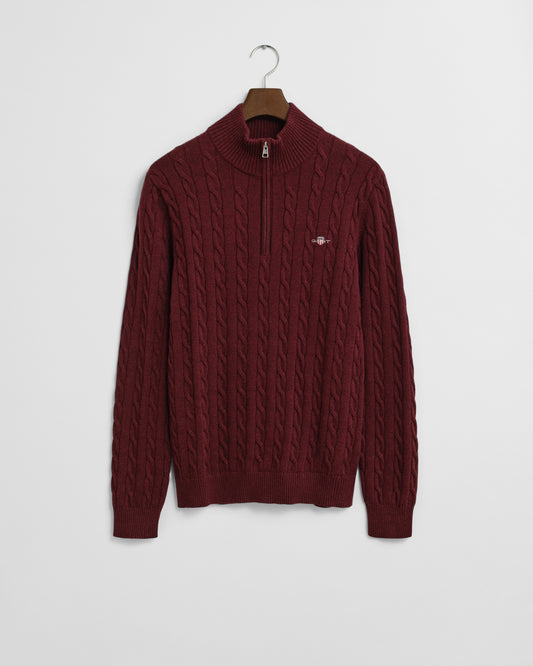GANT Mens Cotton Cable Half Zip Jumper - 677 Bordeaux Melange