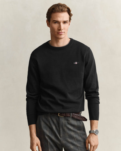 GANT Mens Classic Cotton Shield Logo Crew Neck Jumper - 5 Black | CHO | Designer Mens Crew Neck Jumpers