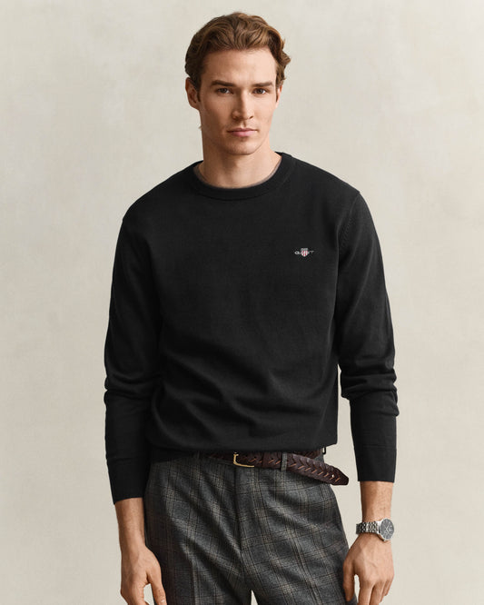 GANT Mens Classic Cotton Shield Logo Crew Neck Jumper - 5 Black | CHO | Designer Mens Crew Neck Jumpers
