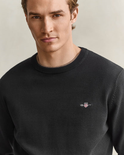 GANT Mens Classic Cotton Shield Logo Crew Neck Jumper - 5 Black | CHO | Designer Mens Crew Neck Jumpers