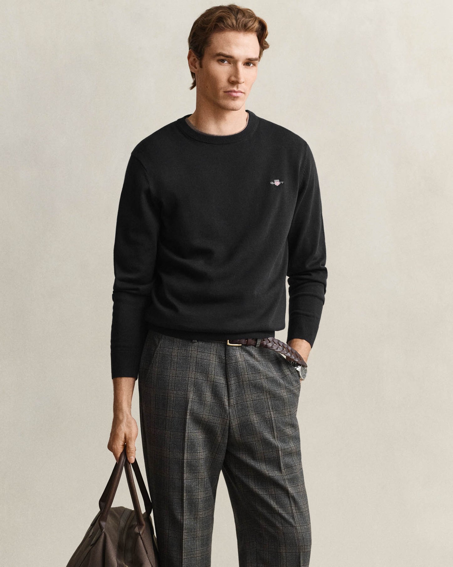 GANT Mens Classic Cotton Shield Logo Crew Neck Jumper - 5 Black | CHO | Designer Mens Crew Neck Jumpers