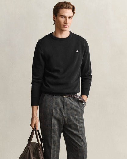 GANT Mens Classic Cotton Shield Logo Crew Neck Jumper - 5 Black | CHO | Designer Mens Crew Neck Jumpers