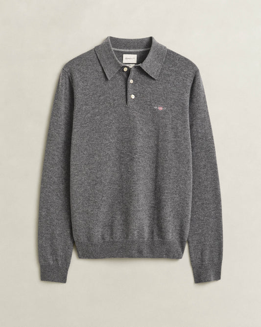 GANT Mens Superfine Lambswool Long Sleeve Polo - 90 Charcoal Melange
