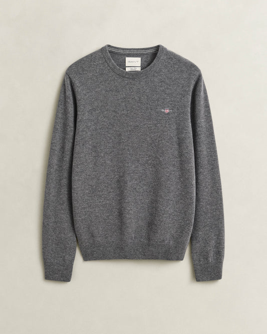 GANT Mens Superfine Lambswool Crew Neck Sweater - 90 Charcoal Melange