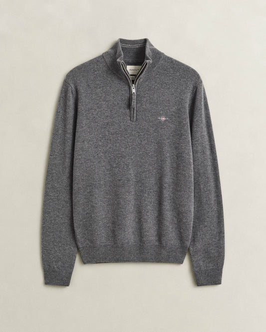 GANT Mens Superfine Lambswool Half Zip Sweater - 90 Charcoal Melange