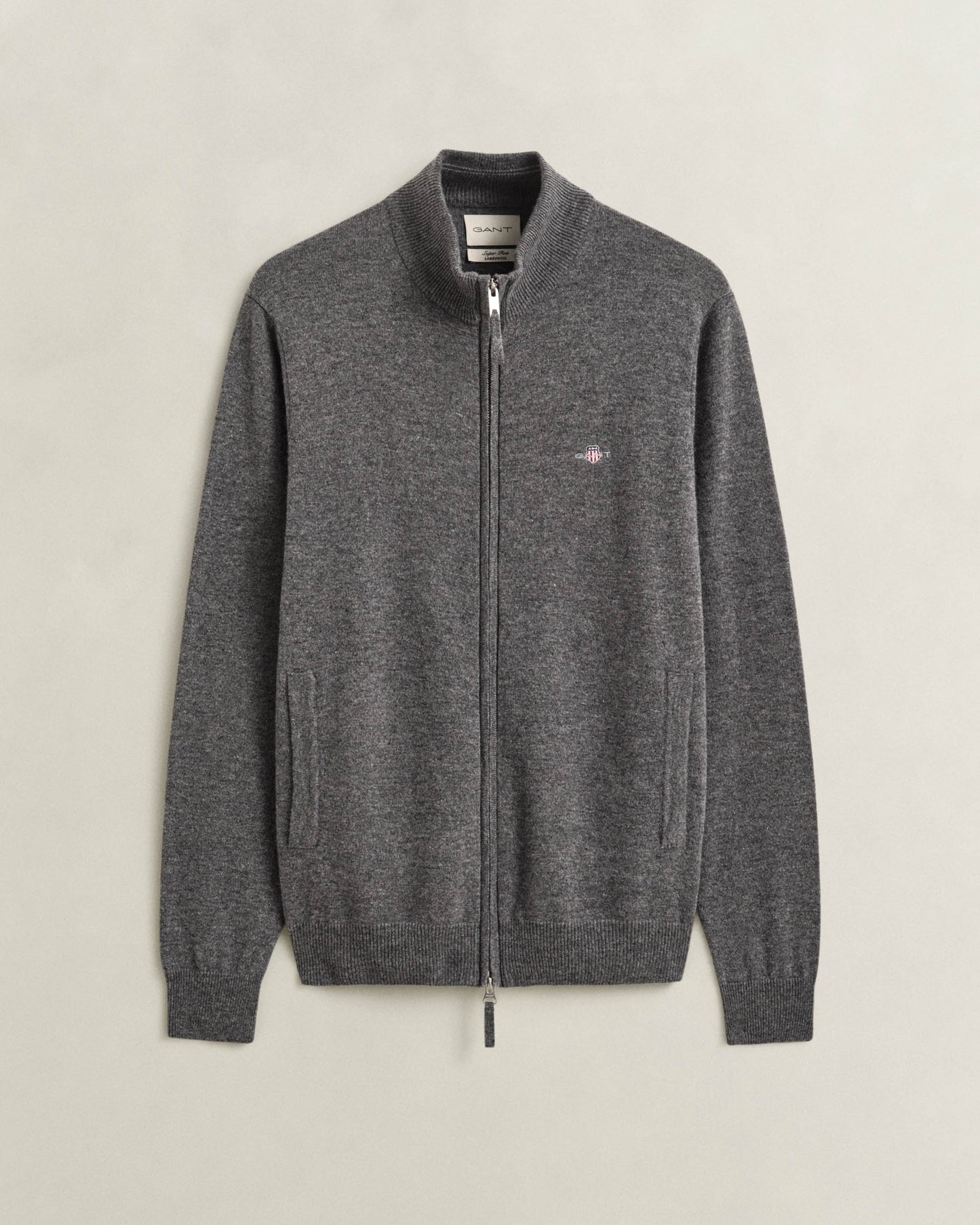 GANT Mens Superfine Lambswool Full Zip Sweater - 90 Charcoal Melange