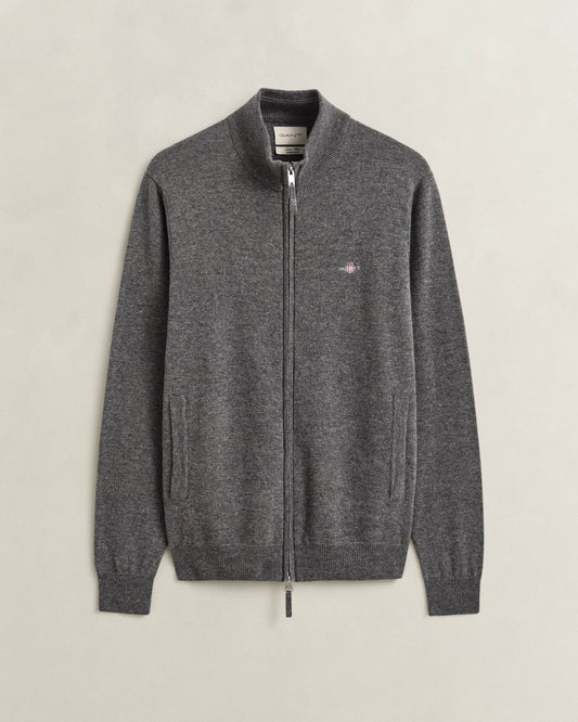 GANT Mens Superfine Lambswool Full Zip Sweater - 90 Charcoal Melange | CHO | Designer Mens Full Zip Jumpers
