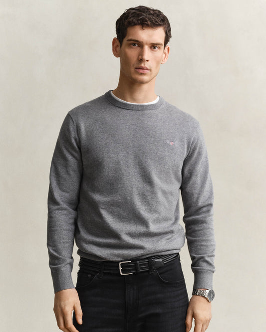 GANT Mens Classic Cotton Shield Logo Crew Neck Jumper - 92 Dark Grey Melange | CHO | Designer Mens Crew Neck Jumpers