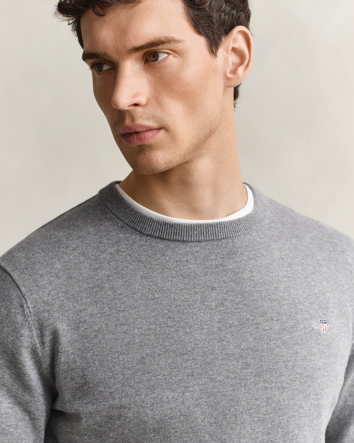 GANT Mens Classic Cotton Shield Logo Crew Neck Jumper - 92 Dark Grey Melange | CHO | Designer Mens Crew Neck Jumpers
