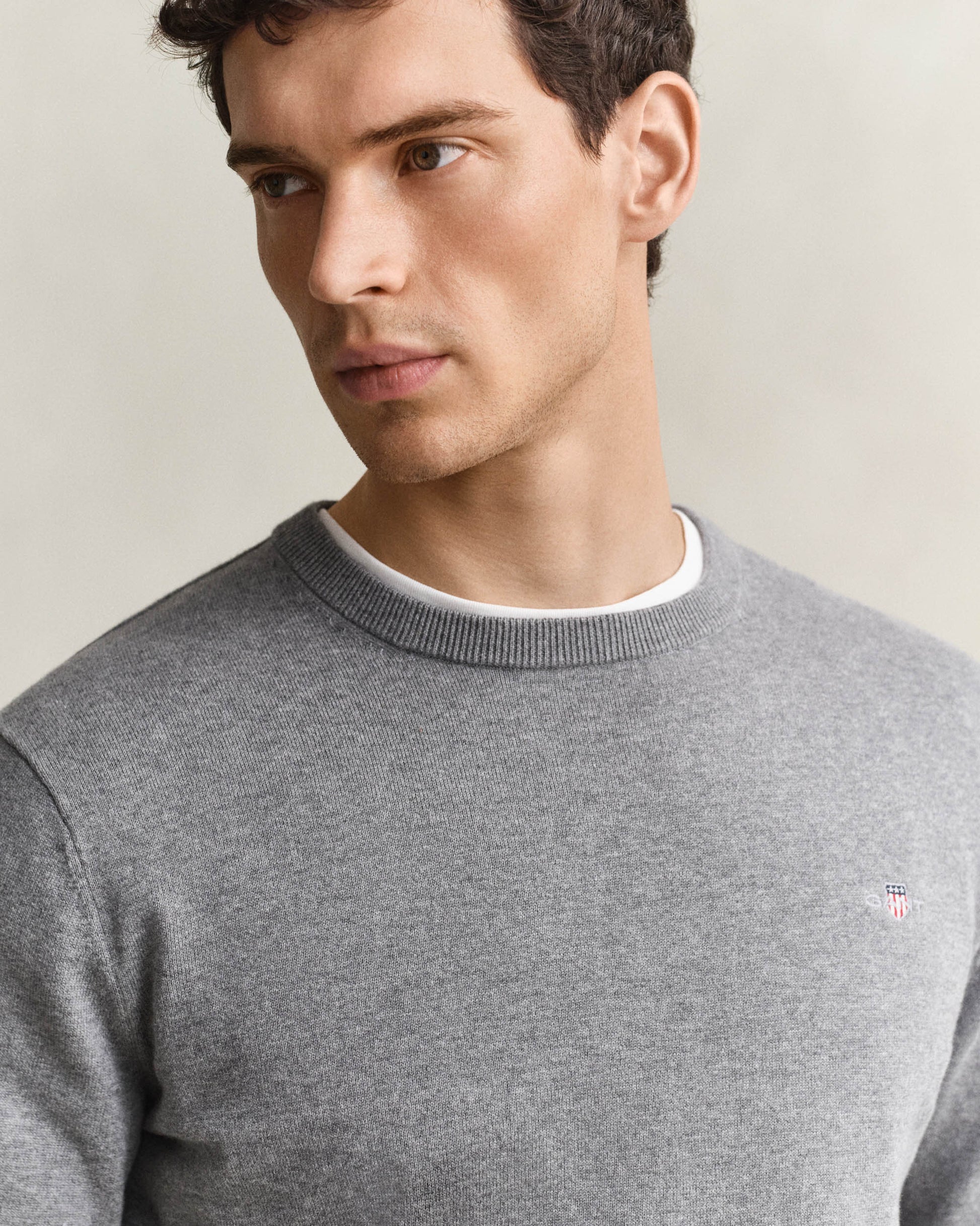 GANT Mens Classic Cotton Shield Logo Crew Neck Jumper - 92 Dark Grey Melange | CHO | Designer Mens Crew Neck Jumpers