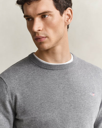 GANT Mens Classic Cotton Shield Logo Crew Neck Jumper - 92 Dark Grey Melange | CHO | Designer Mens Crew Neck Jumpers