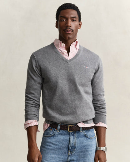 GANT Mens Classic Cotton Shield Logo V-Neck Jumper - 92 Dark Grey Melange