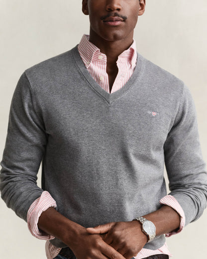 GANT Mens Classic Cotton Shield Logo V-Neck Jumper - 92 Dark Grey Melange