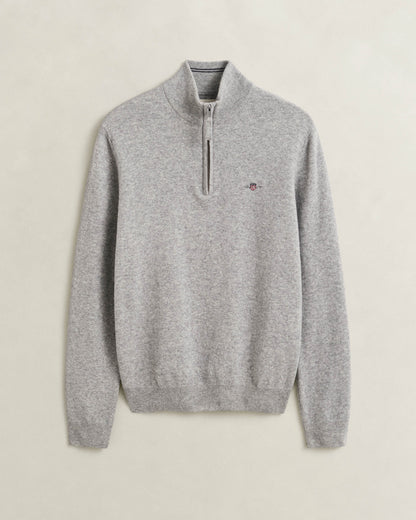 GANT Mens Superfine Lambswool Half Zip Sweater - 93 Grey Melange | CHO | Designer Mens Half Zip Jumpers