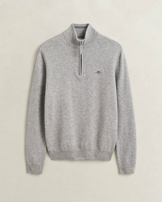 GANT Mens Superfine Lambswool Half Zip Sweater - 93 Grey Melange