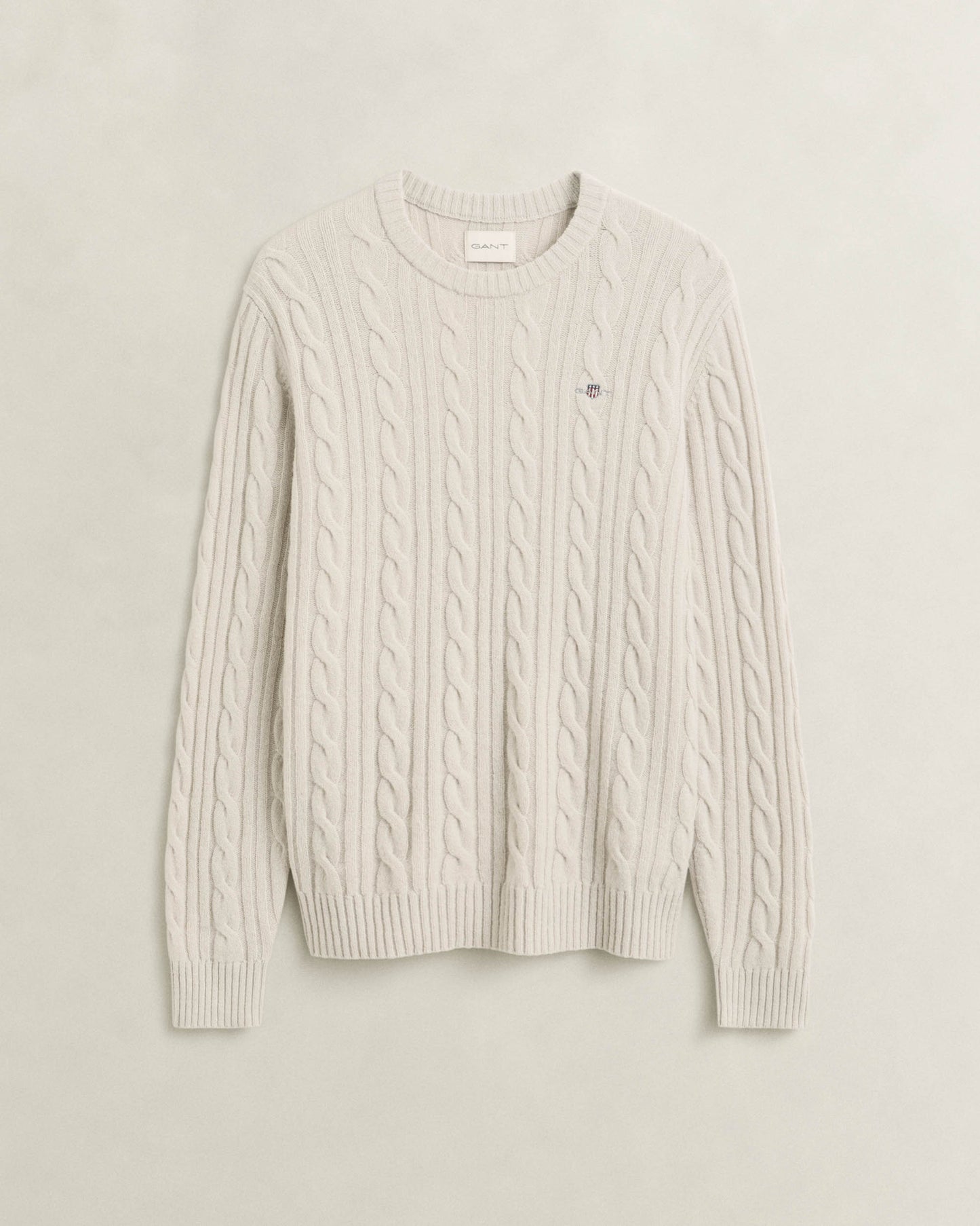 GANT Mens Lambswool Cable Crew Neck Sweater - 215 Clay Beige | CHO | Designer Mens Crew Neck Jumpers