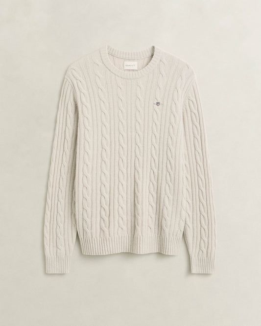 GANT Mens Lambswool Cable Crew Neck Sweater - 215 Clay Beige | CHO | Designer Mens Crew Neck Jumpers