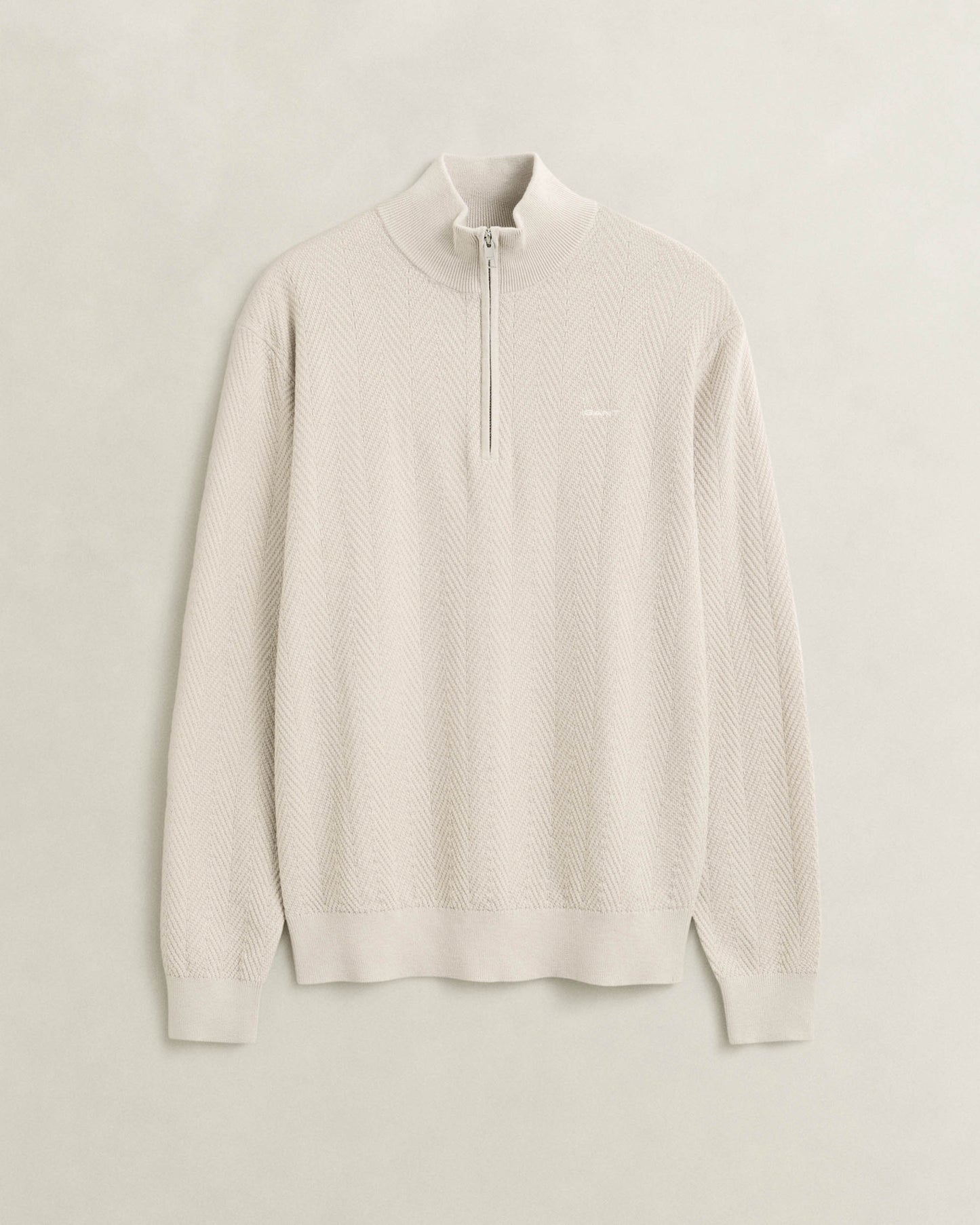 GANT Mens Herringbone Texture Half Zip Sweater - 215 Clay Beige | CHO | Designer Mens Half Zip Jumpers