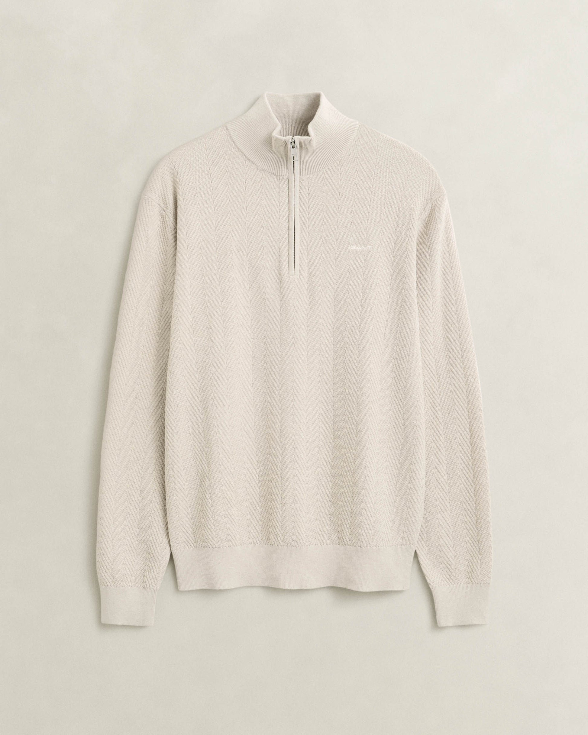 GANT Mens Herringbone Texture Half Zip Sweater - 215 Clay Beige | CHO | Designer Mens Half Zip Jumpers
