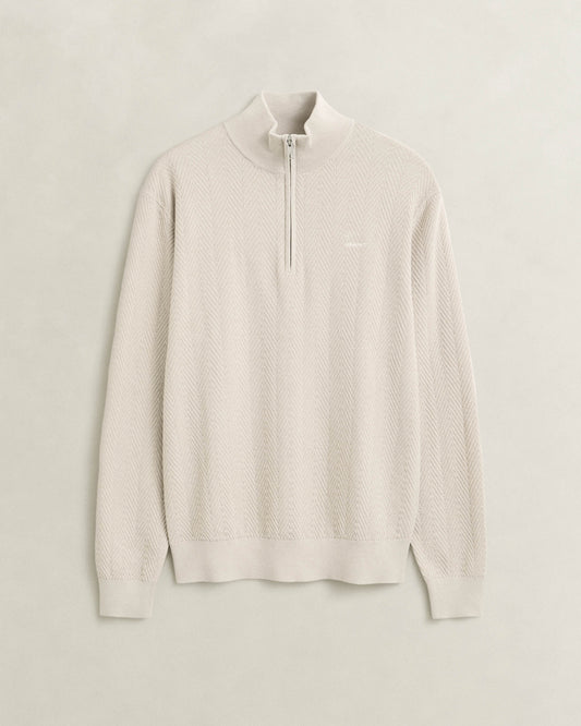 GANT Mens Herringbone Texture Half Zip Sweater - 215 Clay Beige | CHO | Designer Mens Half Zip Jumpers