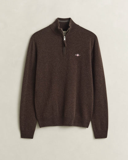 GANT Mens Superfine Lambswool Half Zip Sweater - 280 Dark Brown Melange | CHO | Designer Mens Half Zip Jumpers
