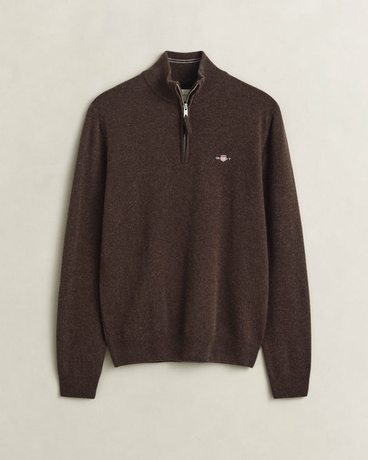 GANT Mens Superfine Lambswool Half Zip Sweater - 280 Dark Brown Melange