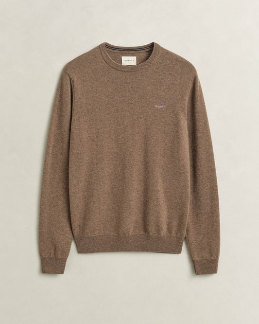 GANT Mens Superfine Lambswool Crew Neck Sweater - 283 Light Brown Melange