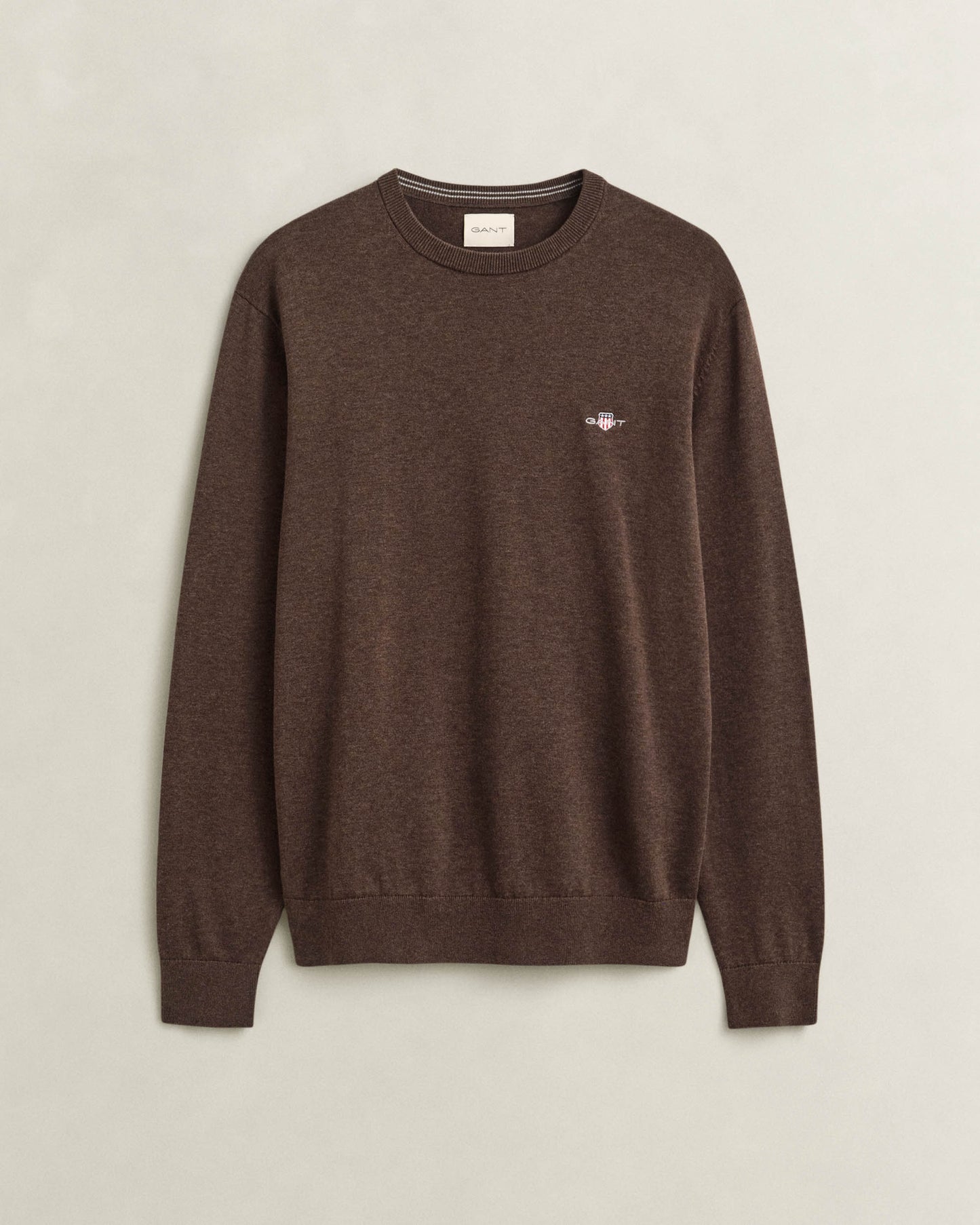GANT Mens Classic Cotton Shield Logo Crew Neck Jumper - 284 Black Brown Melange | CHO | Designer Mens Crew Neck Jumpers