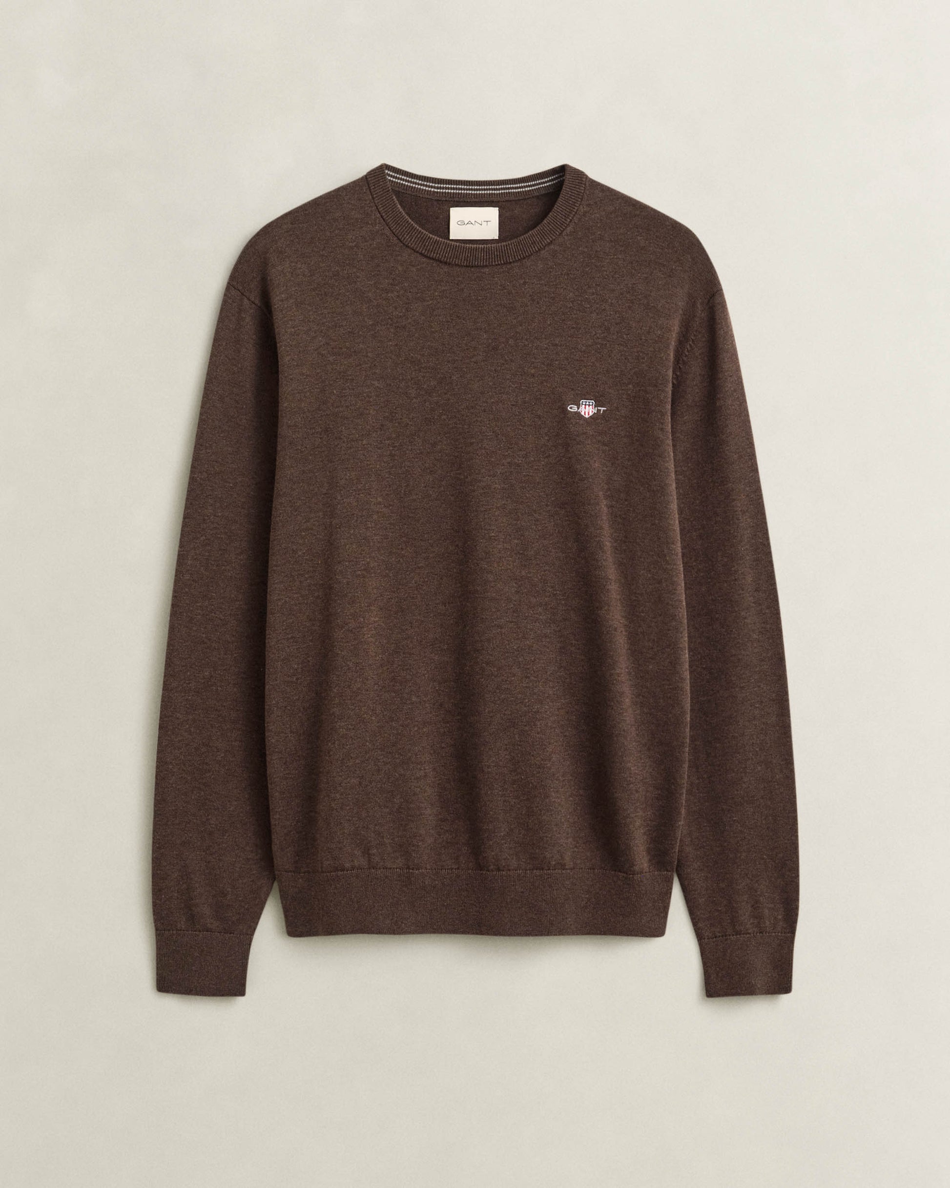 GANT Mens Classic Cotton Shield Logo Crew Neck Jumper - 284 Black Brown Melange | CHO | Designer Mens Crew Neck Jumpers