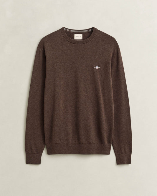GANT Mens Classic Cotton Shield Logo Crew Neck Jumper - 284 Black Brown Melange | CHO | Designer Mens Crew Neck Jumpers