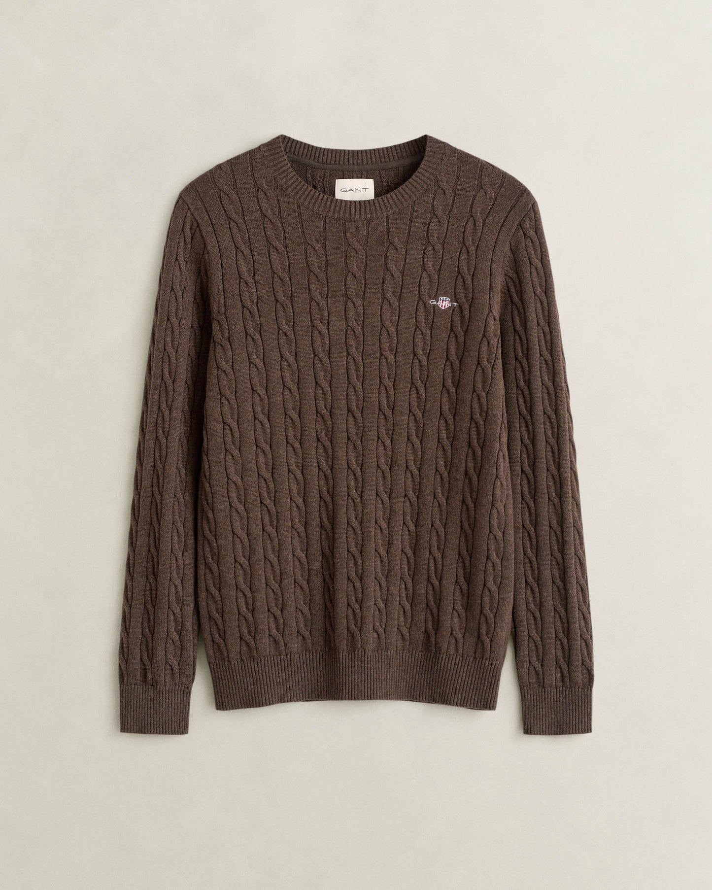 GANT Mens Cotton Cable Knit Crew Neck Jumper - 284 Black Brown Melange