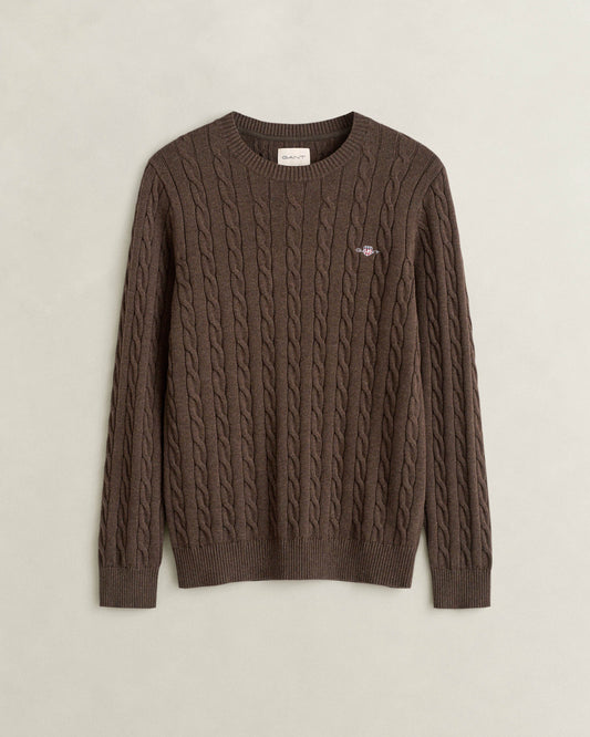 GANT Mens Cotton Cable Knit Crew Neck Jumper - 284 Black Brown Melange
