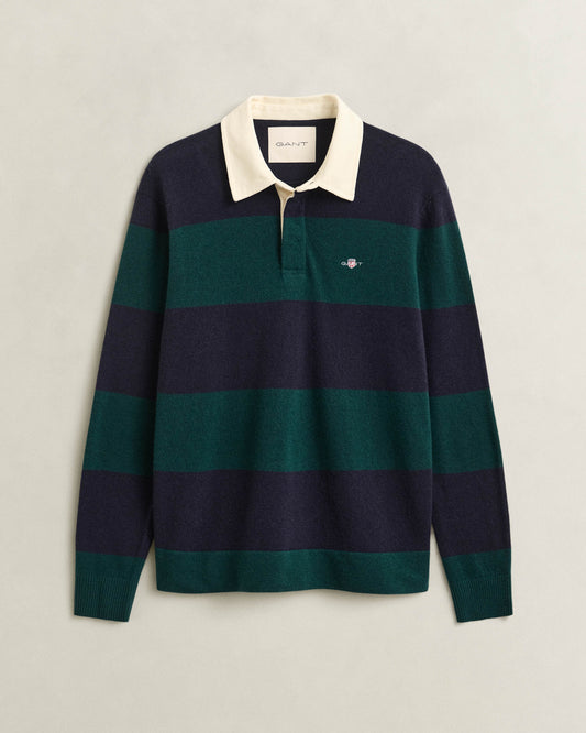 GANT Mens Barstripe Lambswool Rugger - 321 Dark Emerald | CHO | Designer Mens Long Sleeve Polo Shirts