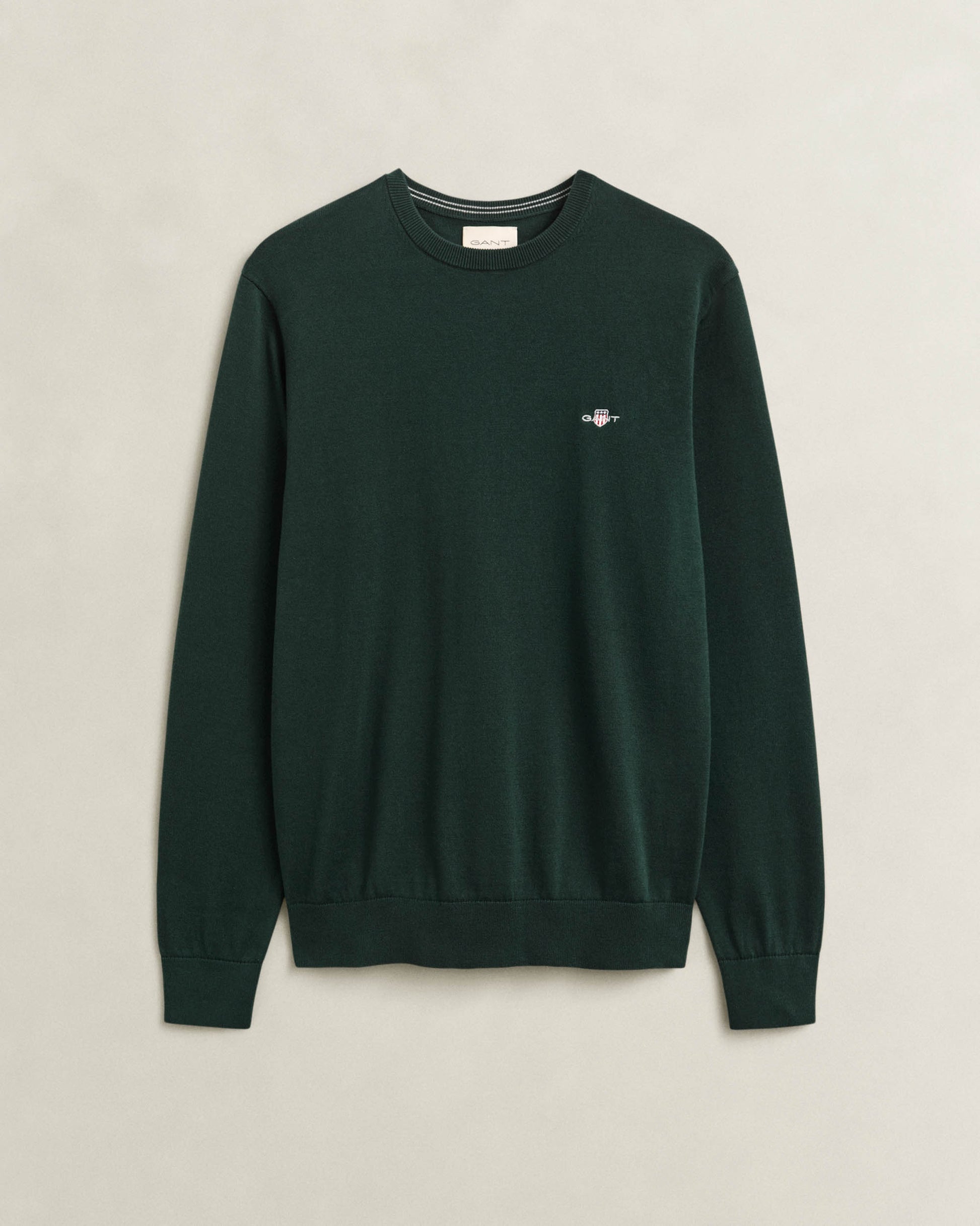 GANT Mens Classic Cotton Shield Logo Crew Neck Jumper - 374 Tartan Green | CHO | Designer Mens Crew Neck Jumpers