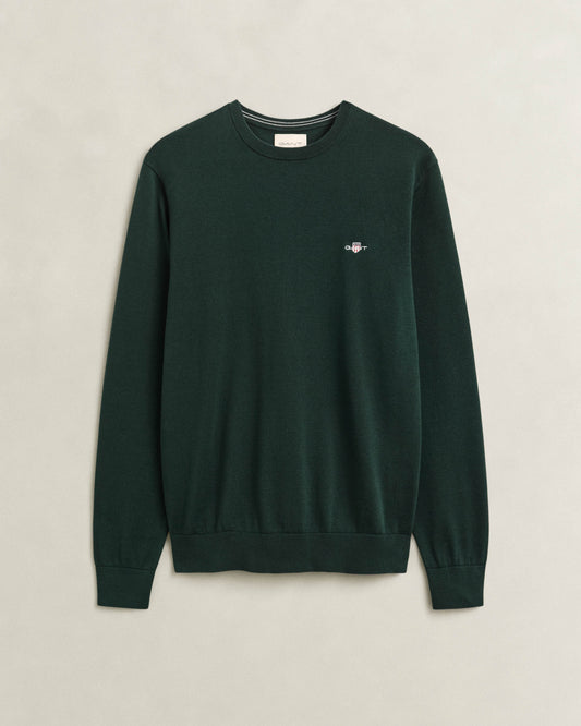 GANT Mens Classic Cotton Shield Logo Crew Neck Jumper - 374 Tartan Green | CHO | Designer Mens Crew Neck Jumpers