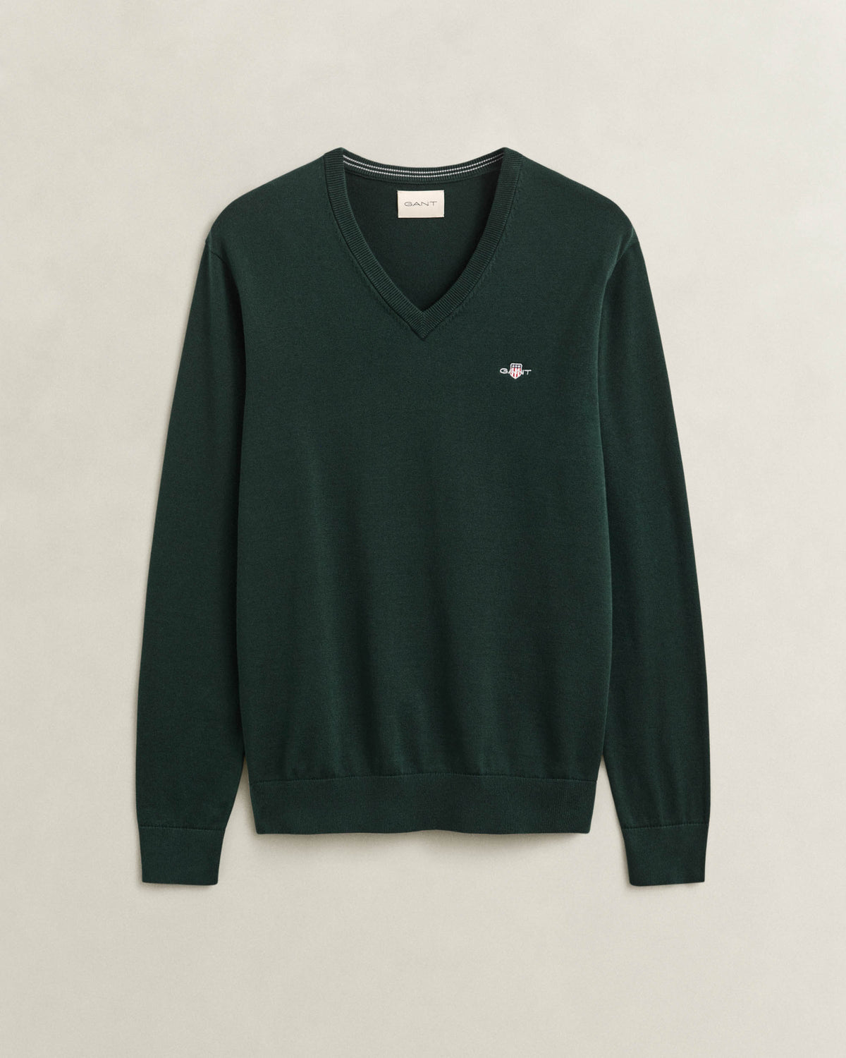 GANT Mens Classic Cotton Shield Logo V - Neck Jumper - 374 Tartan Green | CHO | Designer Mens V - Neck Jumpers
