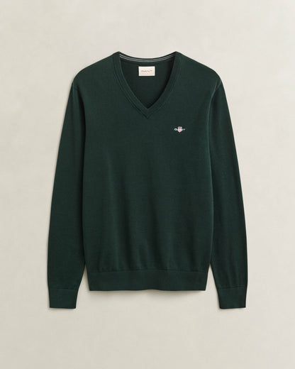 GANT Mens Classic Cotton Shield Logo V - Neck Jumper - 374 Tartan Green | CHO | Designer Mens V - Neck Jumpers