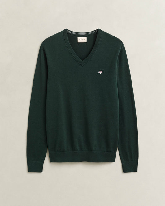 GANT Mens Classic Cotton Shield Logo V - Neck Jumper - 374 Tartan Green | CHO | Designer Mens V - Neck Jumpers