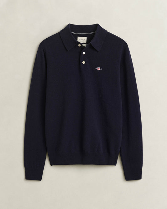 GANT Mens Superfine Lambswool Long Sleeve Polo - 410 Marine