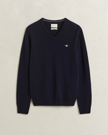 GANT Mens Superfine Lambswool V - Neck Sweater - 410 Marine | CHO | Designer Mens V - Neck Jumpers