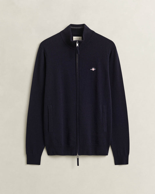 GANT Mens Superfine Lambswool Full Zip Sweater - 410 Marine | CHO | Designer Mens Full Zip Jumpers