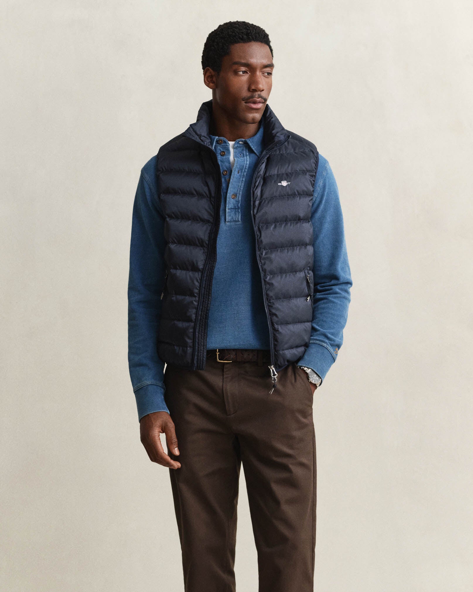 GANT Mens Light Down Shield Logo Gilet - 433 Evening Blue | CHO | Designer Mens Padded Gilets