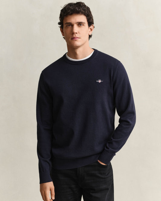 GANT Mens Classic Cotton Shield Logo Crew Neck Jumper - 433 Evening Blue | CHO | Designer Mens Crew Neck Jumpers